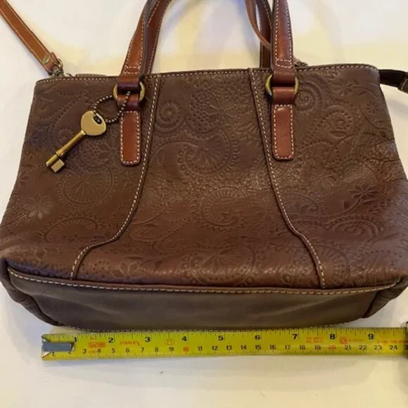 FOSSIL | Brown Floral Tooled Embossed Leather Crossbody or Handbag-EUC - Picture 11 of 16